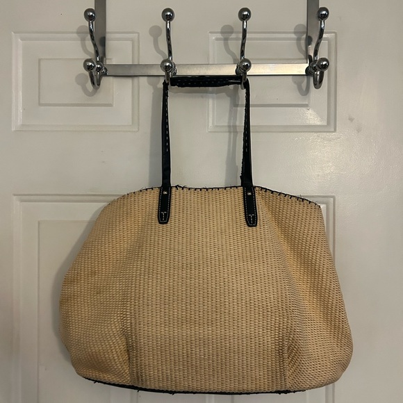 Tory Burch Black Floral Leather on Tan Tote - Picture 5 of 9